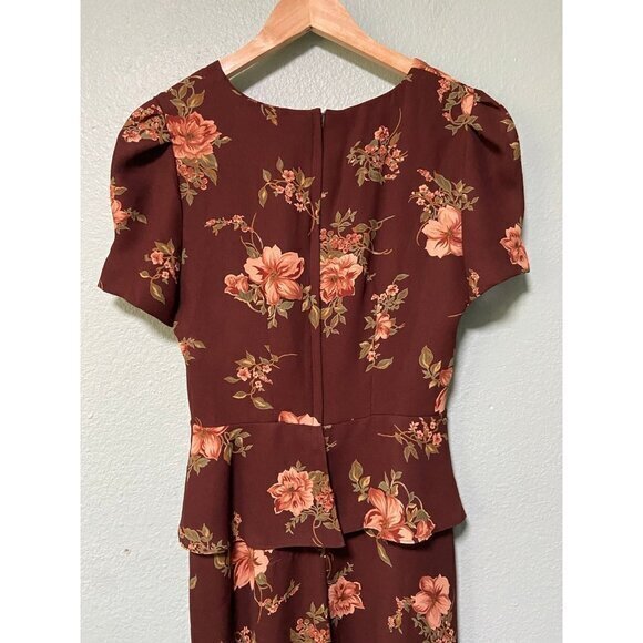 Vintage CDC Women's Brown and Pink Floral Flower Short Sleeve Dress Size 8 - Picture 4 of 9